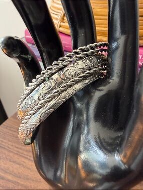 6 Bohemian Silver Tone Stacking Bracelets. Twisted Rope & Floral Pattern.